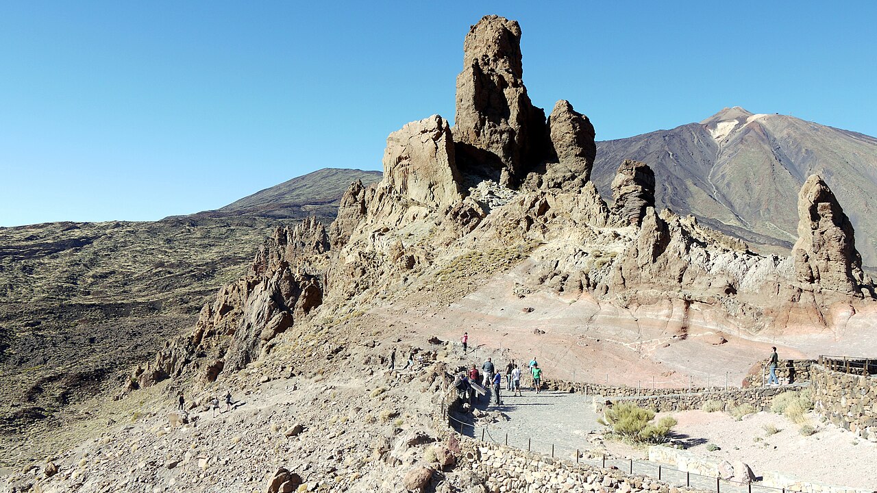 Roques de Garcia volcanic formations with Mount Teide behind them in Tenerife National Park